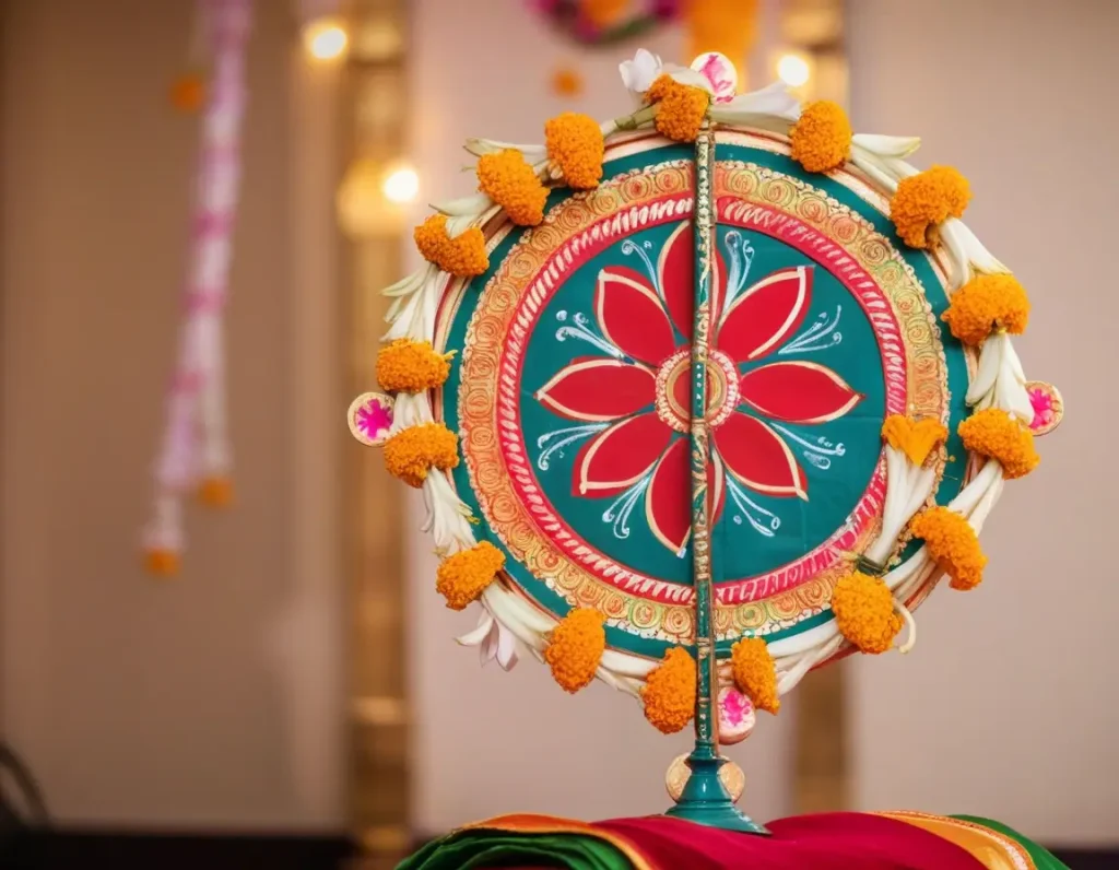 Traditional wedding setup featuring cultural symbols, floral garlands, and vibrant colors.
