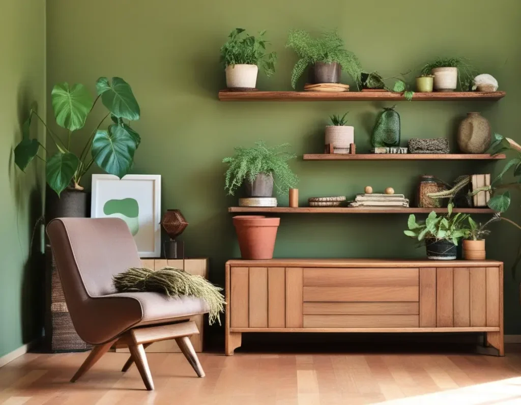 Living room with earthy green walls, wooden furniture, and indoor plants.
