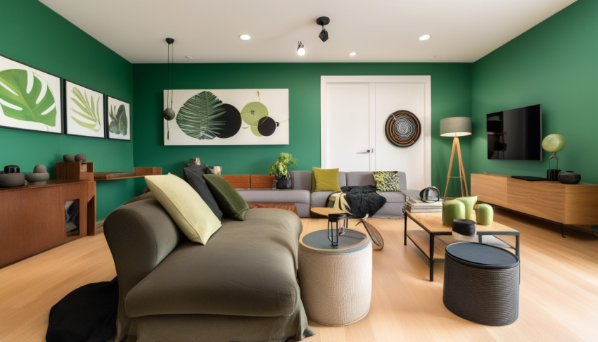 Contemporary living room with green accent walls, neutral furniture, and decorative plants.