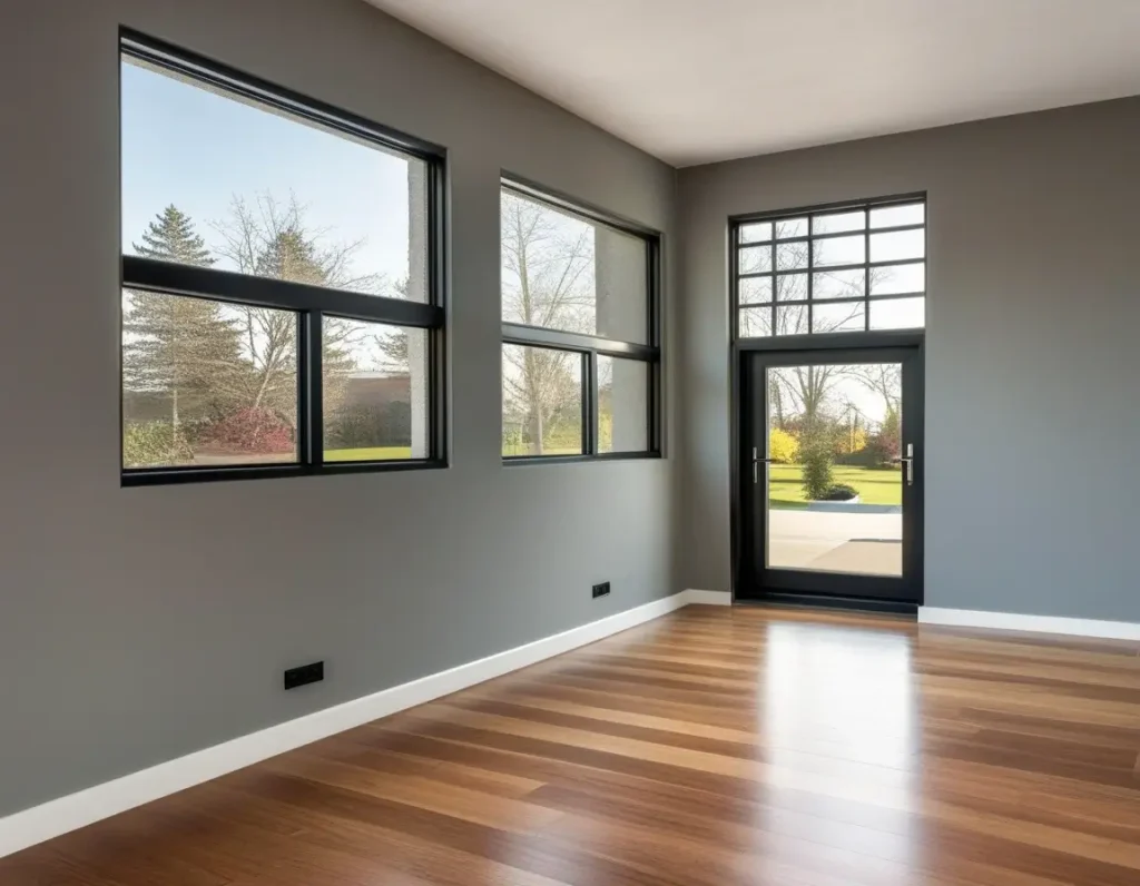 Sophisticated black and gray window frames for a modern home.
