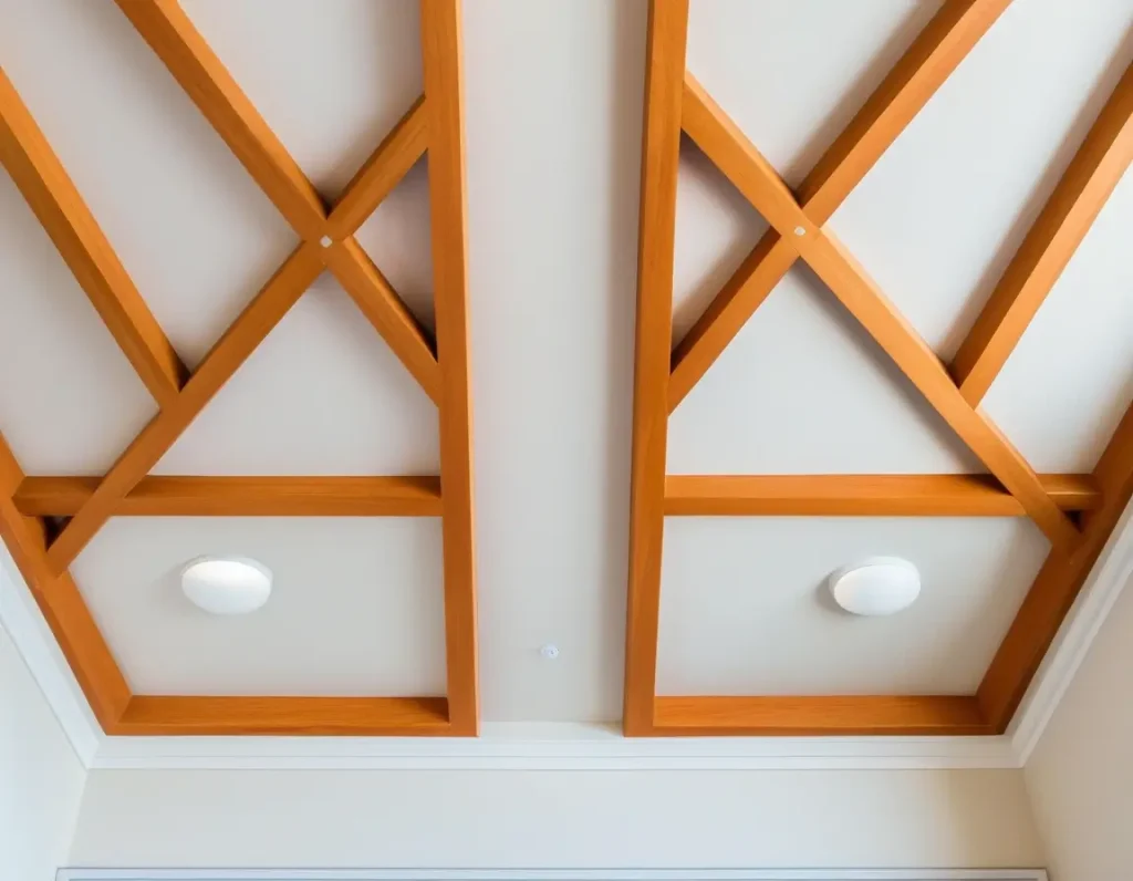 Bedroom with a bold geometric PVC ceiling design for added drama.
