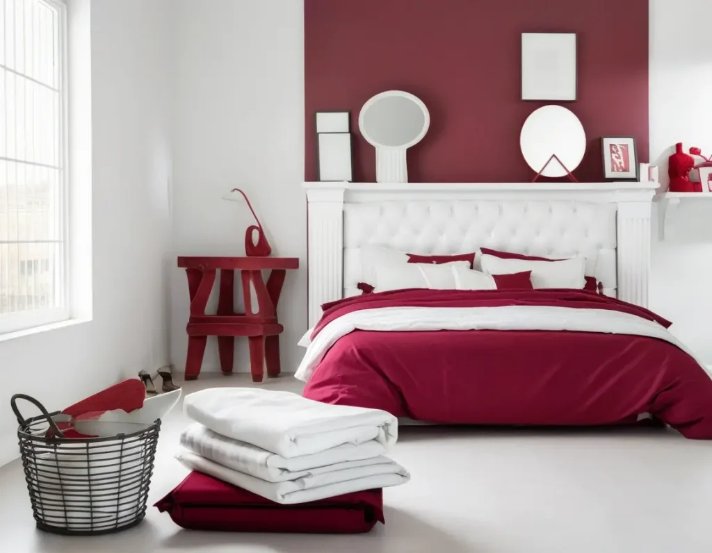 Elegant bedroom with maroon and white color combination.
