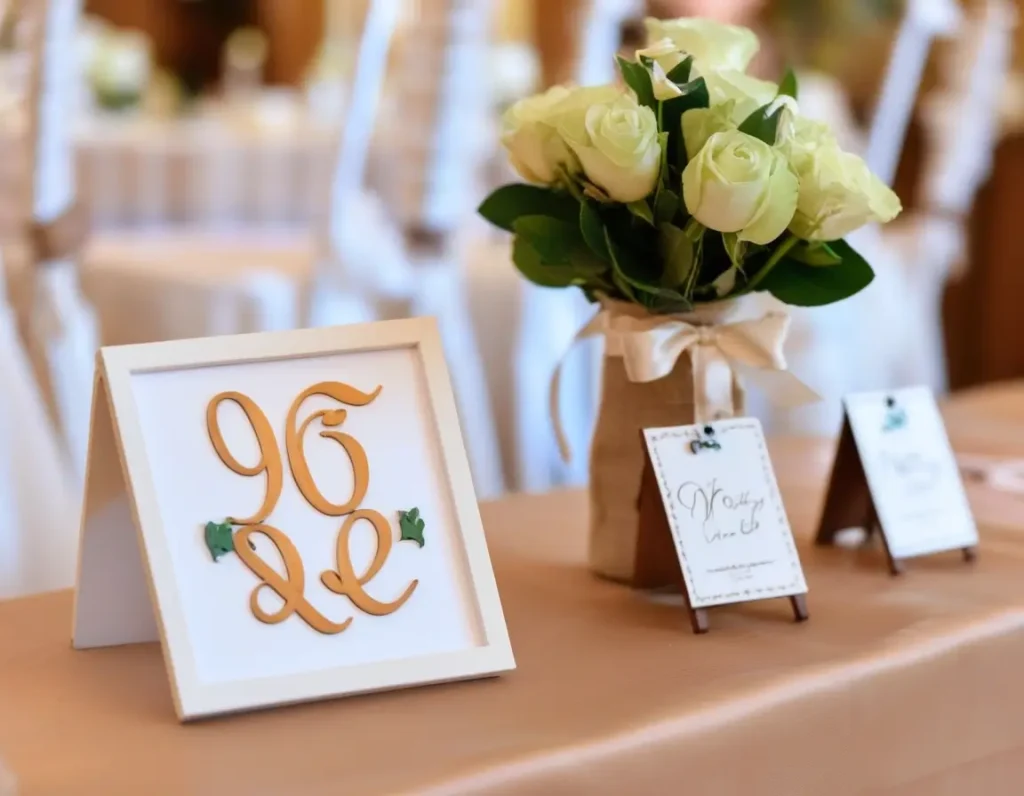 Custom name signs, monograms, and personalized elements in wedding decor.
