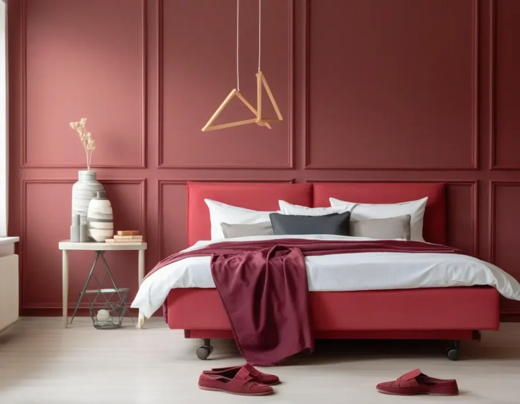 Bedroom with a bold maroon accent wall and neutral furnishings.
