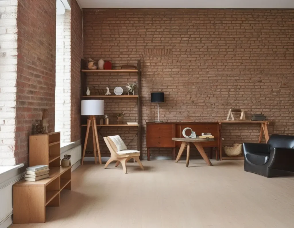 Warm and inviting style featuring a mix of brick walls and wooden decor.
