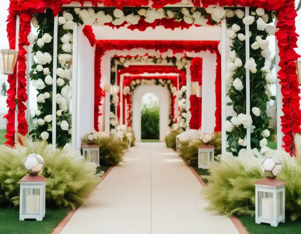 Beautifully decorated wedding entrance with floral arches and fairy lights.
