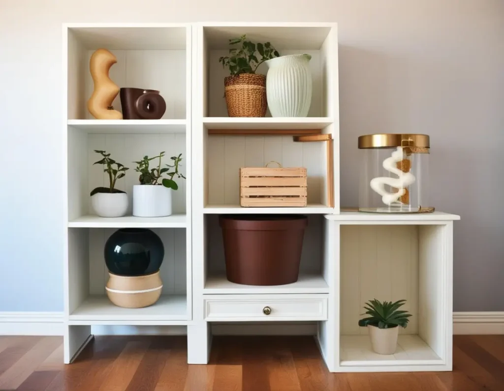 Custom storage cabinets and shelves in a renovated living room.
