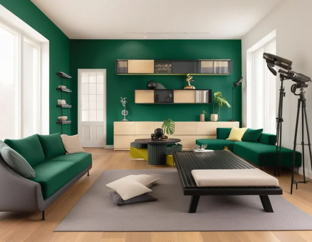 Living room showcasing trending green color combinations and modern decor.
