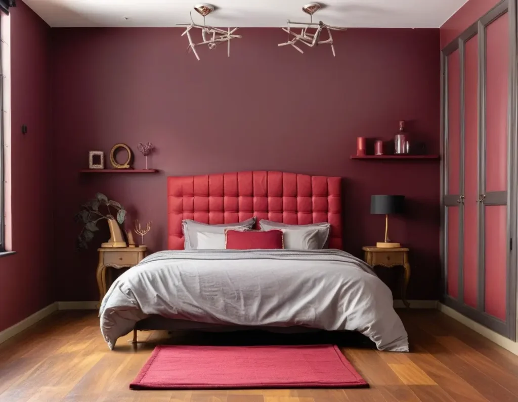 Bedroom showcasing the bold and inviting appeal of maroon tones.
