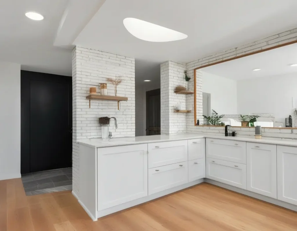 Modern kitchen with brick wall textures for a stylish touch.
