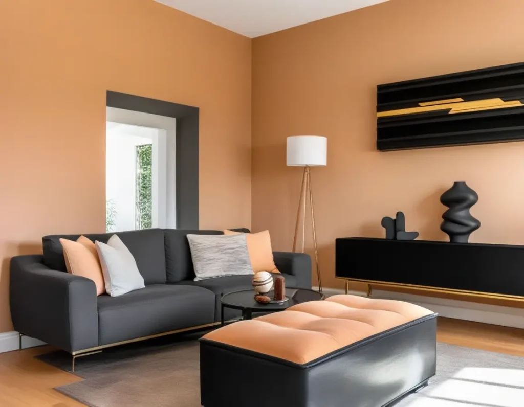 Sophisticated living space with peach walls and charcoal accents.
