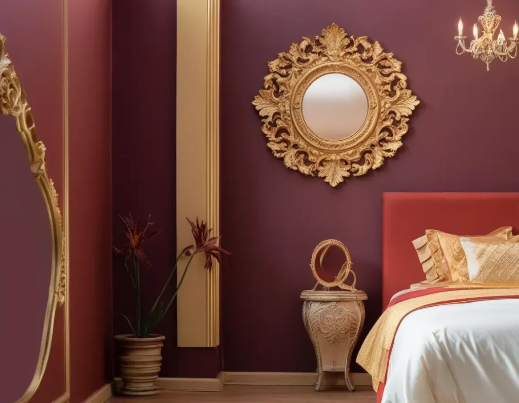 Luxurious bedroom featuring maroon and gold accents for a regal look.
