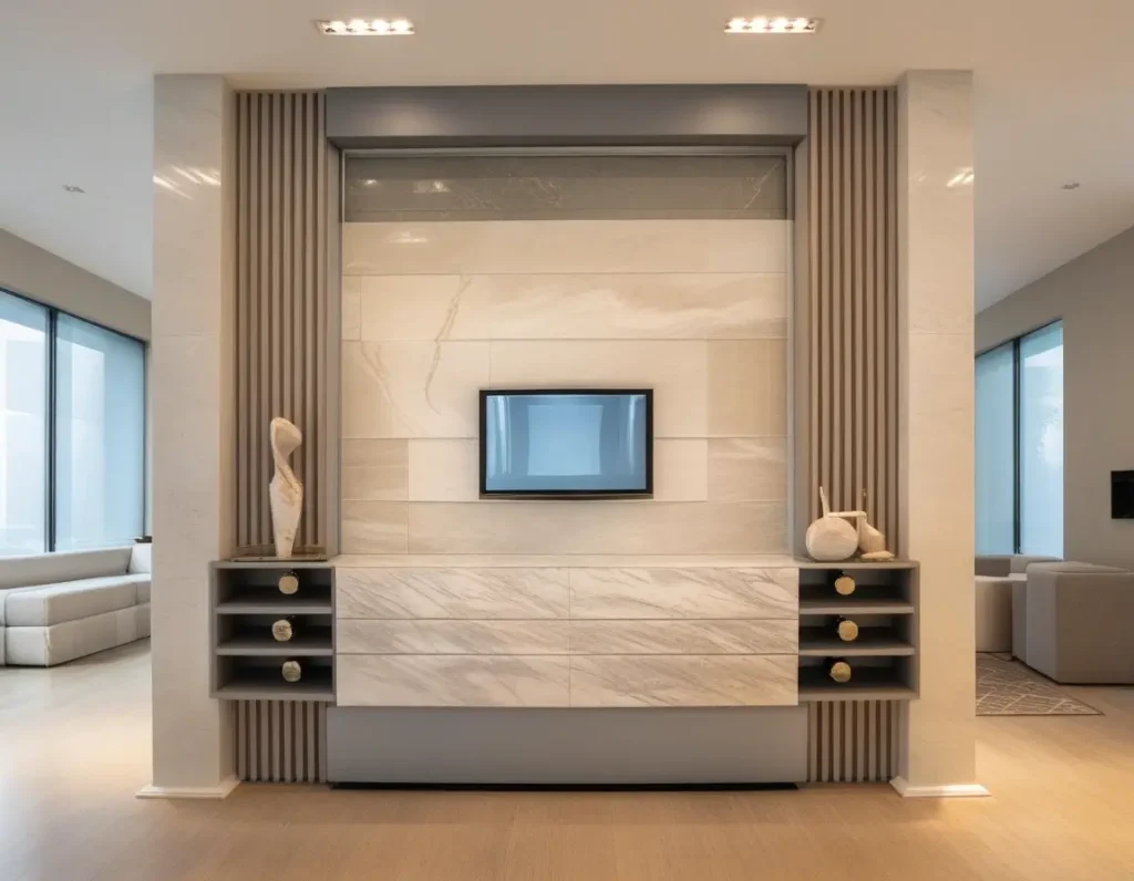 Luxurious marble TV panel enhancing the elegance of a modern living room.
