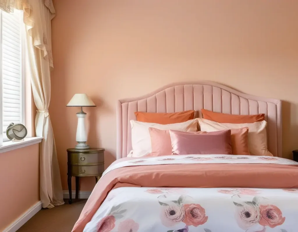 Feminine decor with peach walls and blush pink furnishings.
