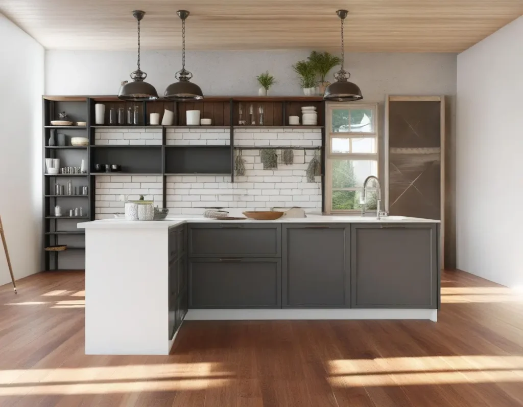 Functional and stylish open shelving in a modern L-shaped kitchen.
