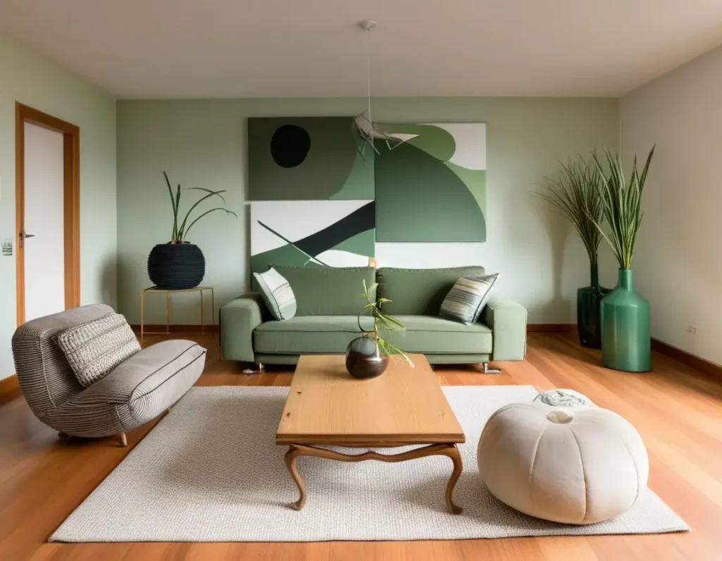 A balanced mix of green walls and neutral furniture in a stylish living room.
