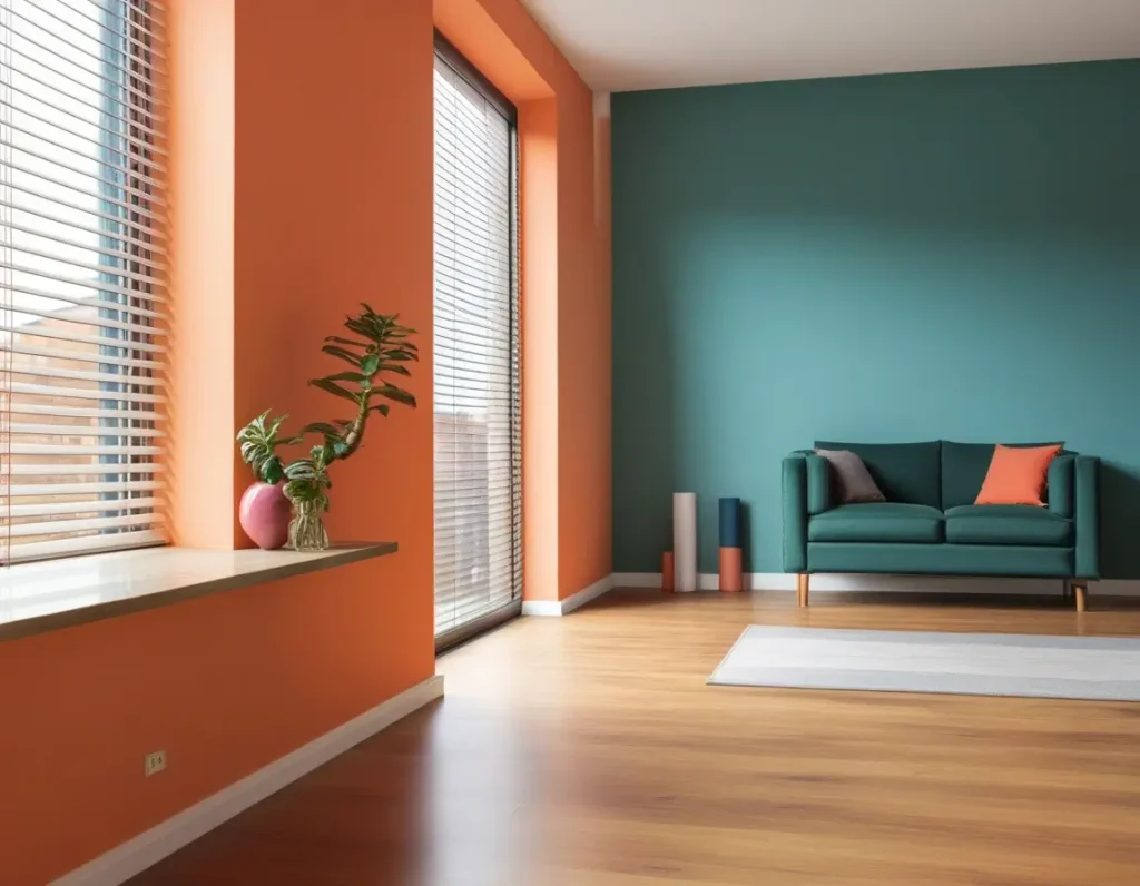 Bold peach color blocking techniques for a modern and dynamic room.
