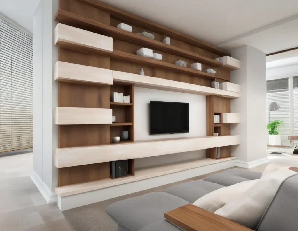 TV panel design with integrated shelves and storage for a functional living room.
