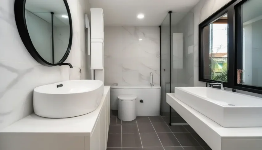 Beautifully designed small bathroom with modern fixtures and decor.