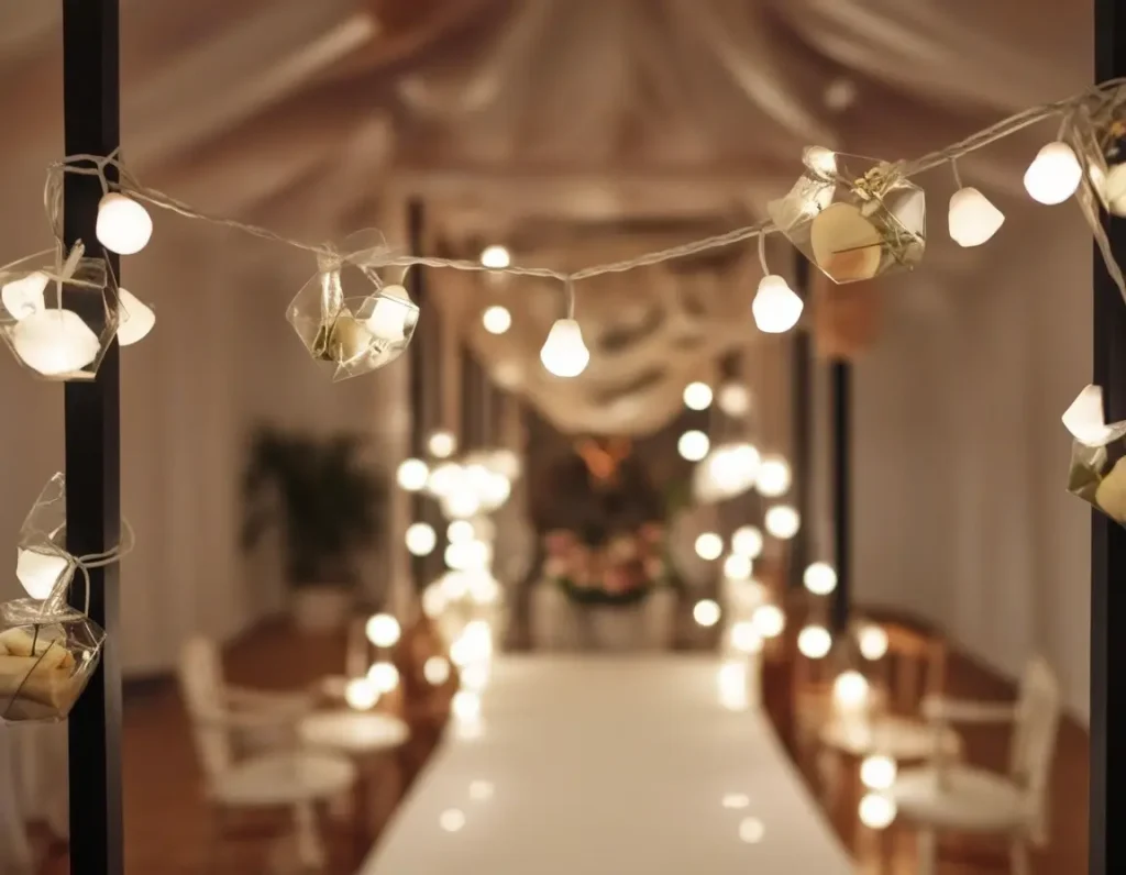 Home transformed with magical wedding-themed decor, including flowers and twinkling lights.
