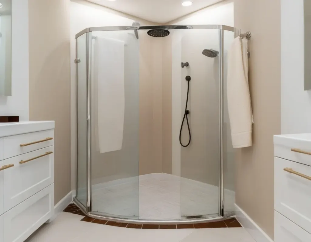 Stylish glass divider enhancing a compact bathroom design.
