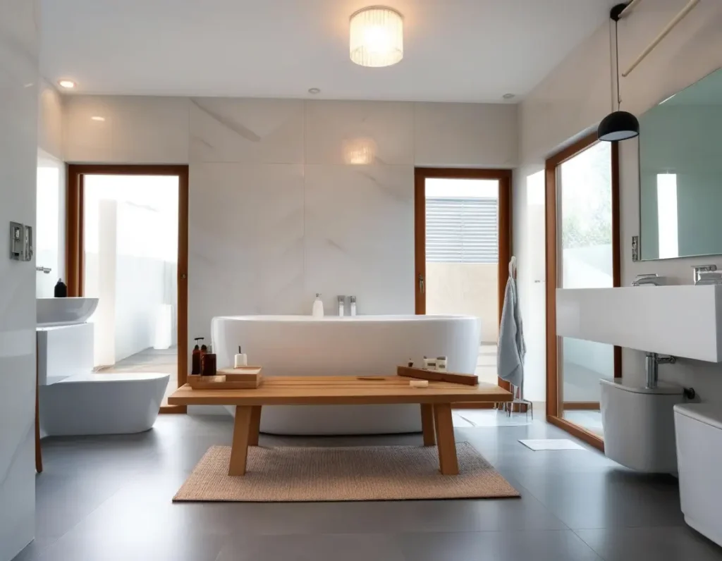 Elegant bathroom with a freestanding tub and modern fixtures.
