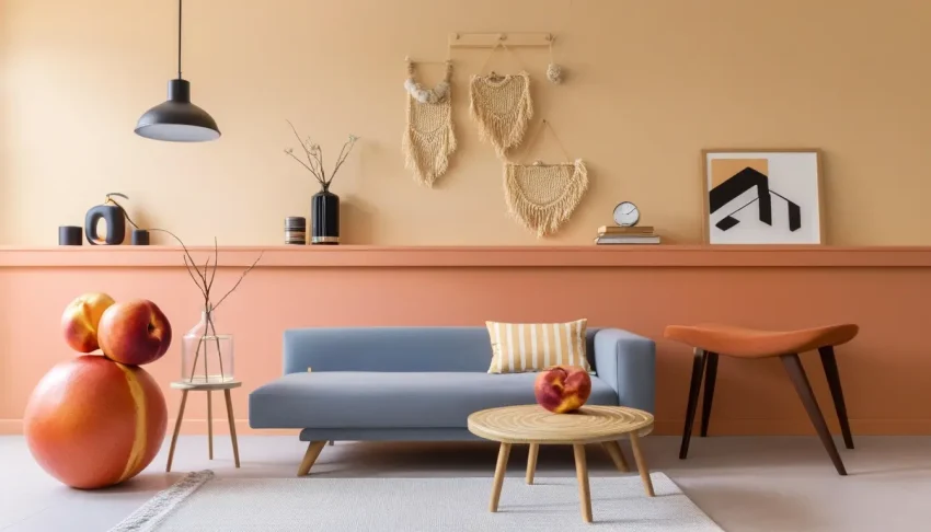 A modern living room with peach walls and stylish complementary decor elements.