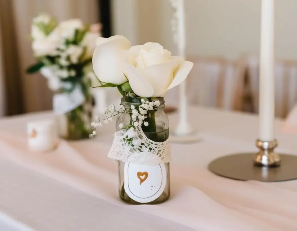 Handmade wedding decor elements, including custom signs, floral vases, and candles.
