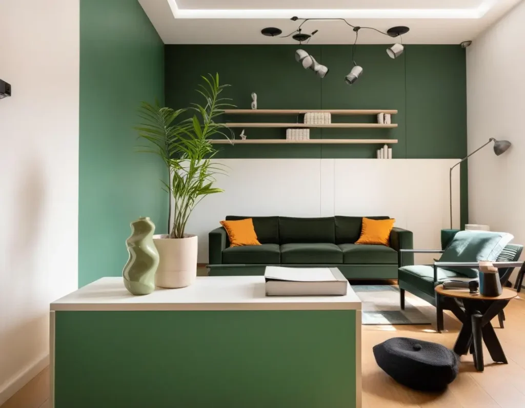 Living room featuring bold green and white color blocking on walls.
