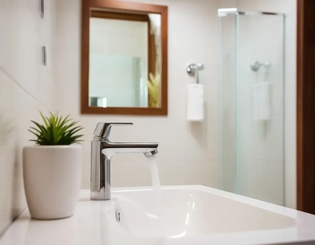 Modern floating sink and shelves in a small bathroom.
