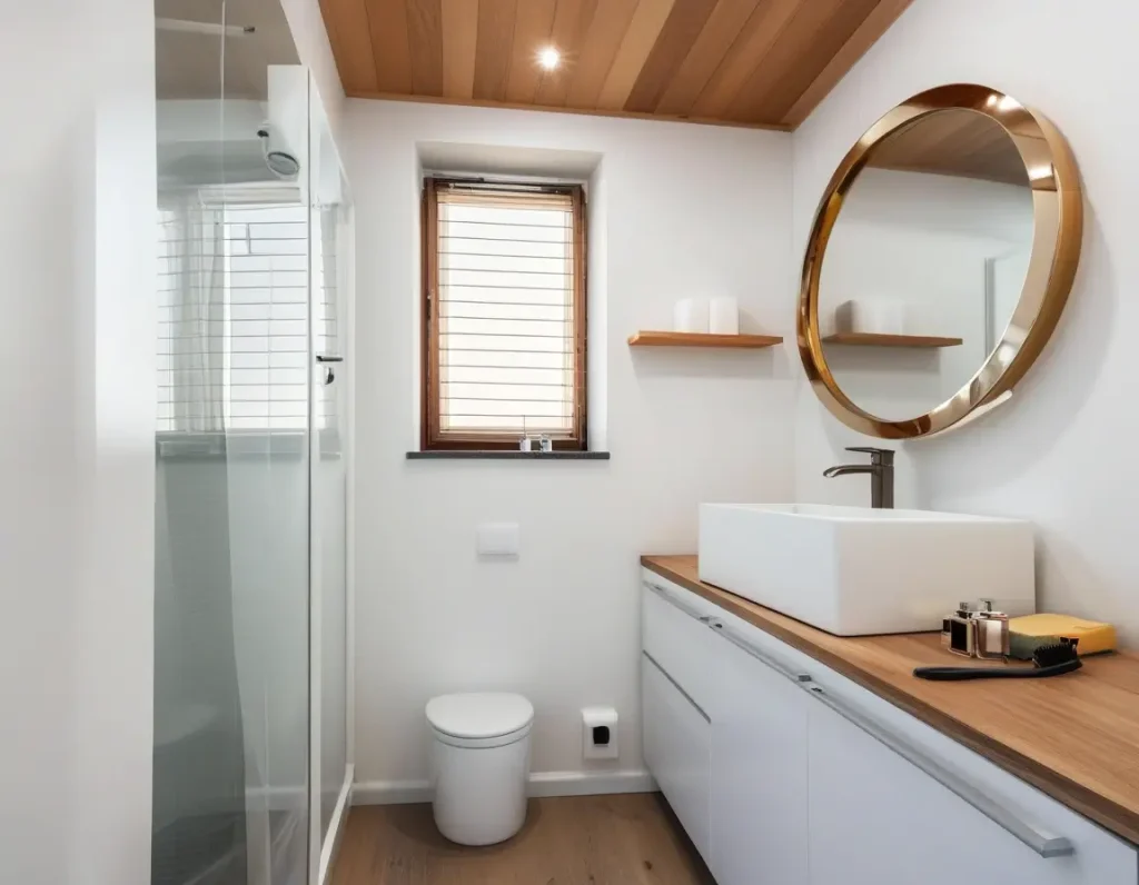 Compact bathroom with built-in smart storage solutions.
