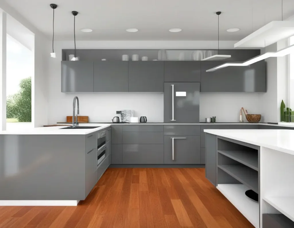 Functional and efficient L-shaped kitchen layout design.
