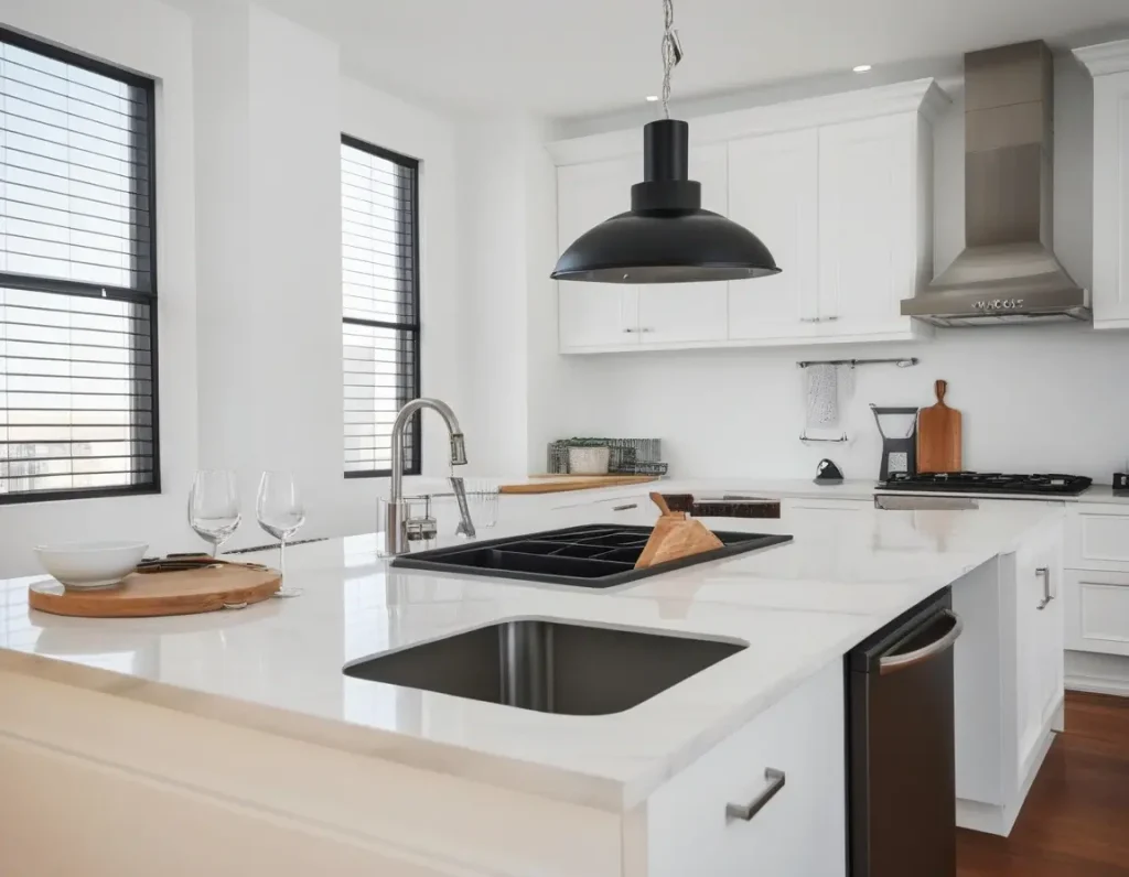 Organized L-shaped kitchen design with clutter-free storage solutions.
