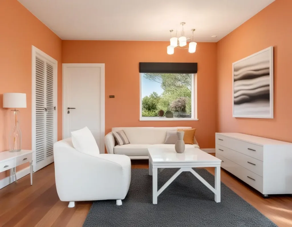 Peach walls paired with white furniture for a clean and bright interior look.
