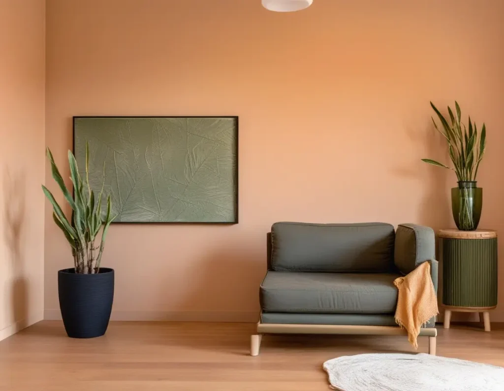 Organic living space with earthy peach walls and olive green accents.
