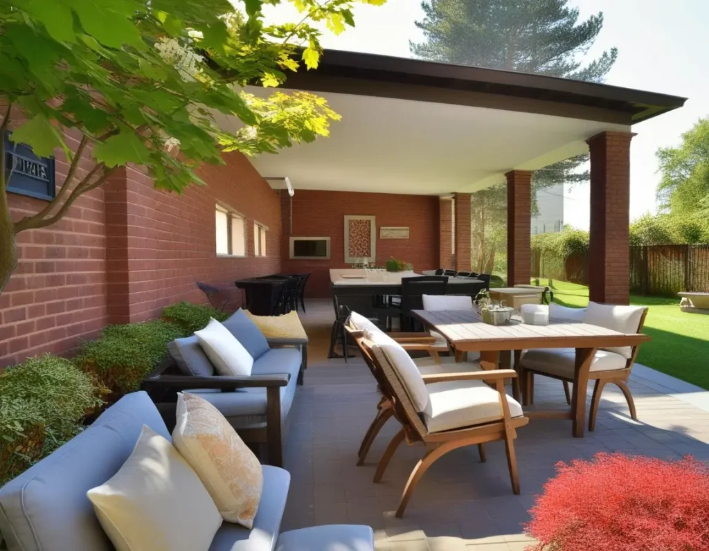 Charming outdoor patio featuring rustic brick wall textures.
