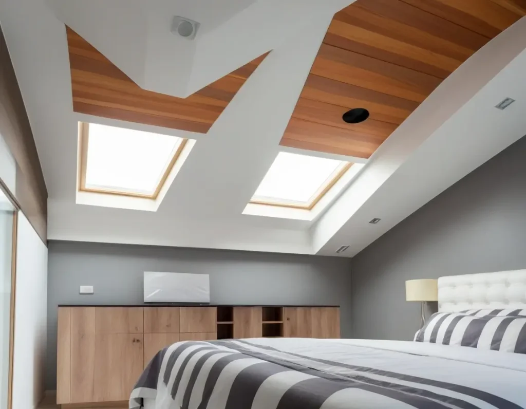 Bedroom with a layered PVC ceiling design adding depth and texture.
