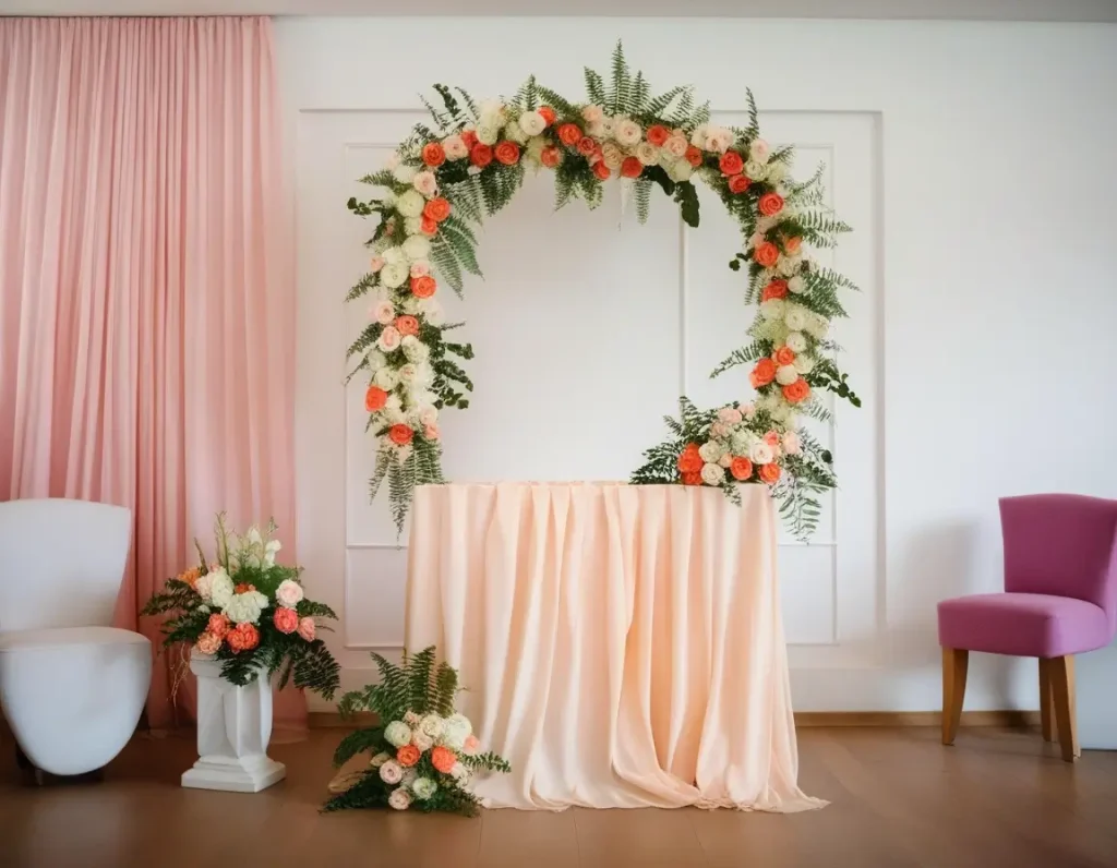 Decorative accent wall with bold floral arrangements and golden drapery for weddings.
