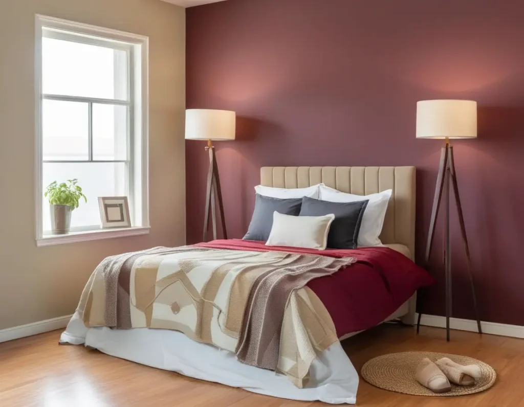 Cozy bedroom with maroon and beige walls and decor.
