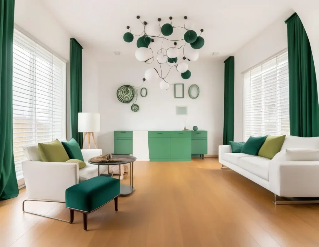 Spacious living room with white walls and green furniture creating a fresh look.
