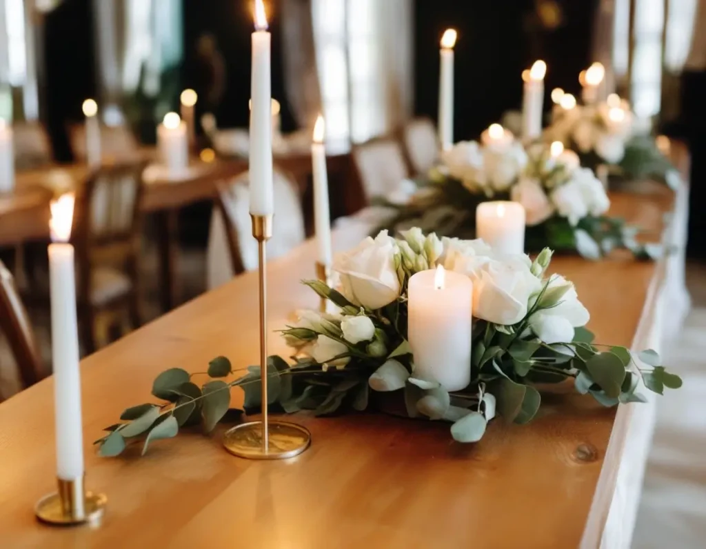 Wedding table with elegant centerpieces featuring candles, flowers, and gold accents.
