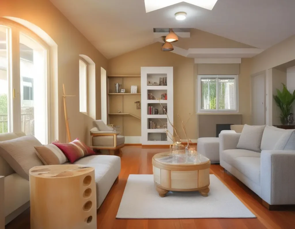 Renovated living room with modern lighting and ambient fixtures.
