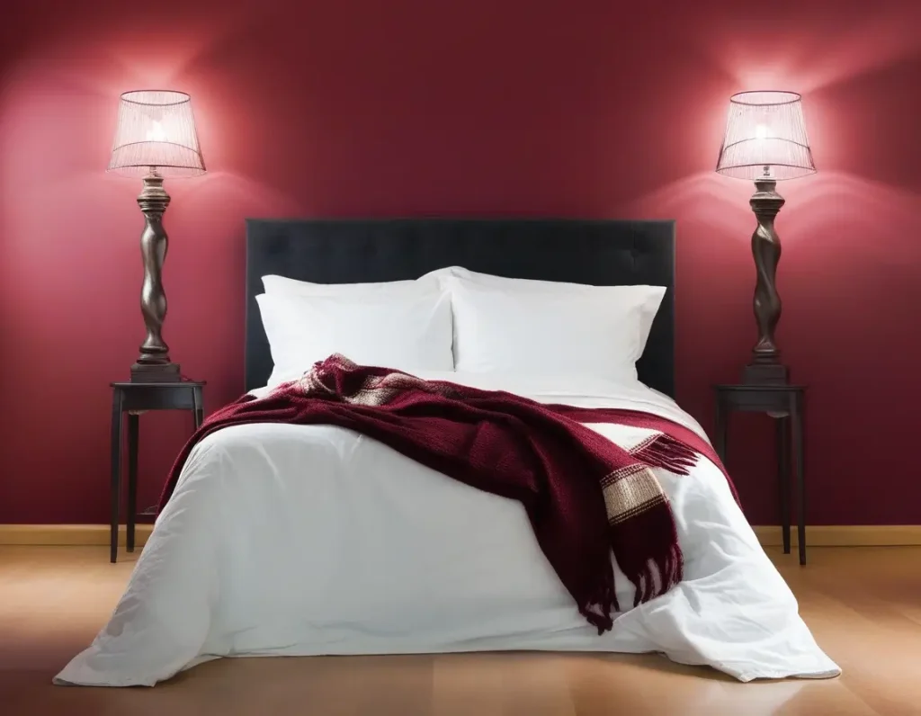 Stylish accessories like pillows, lamps, and rugs complementing maroon decor.
