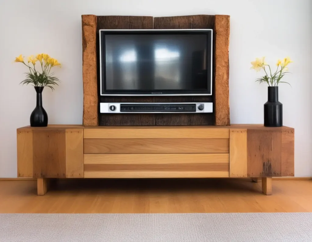 Warm and inviting TV panel design made of rustic wooden textures.
