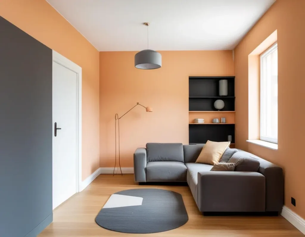 Minimalist living room with soft peach walls and gray accents for a chic vibe.
