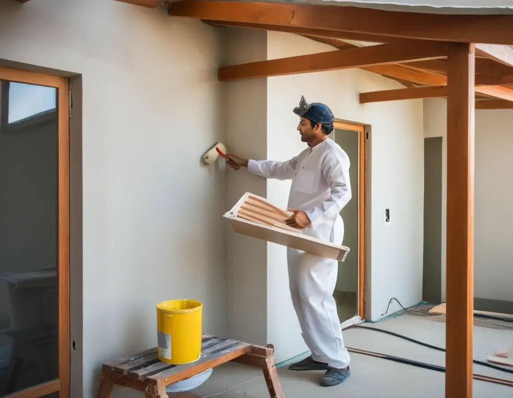 A painting team from Aapka Painter working on transforming a bungalow's exterior with precision