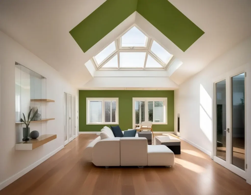 A false ceiling painted with eco-friendly colors in a well-lit, sustainable modern home