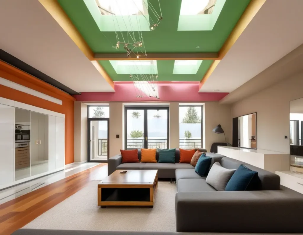 A modern living room featuring a multi-colored false ceiling that transforms the space into a stylish retreat