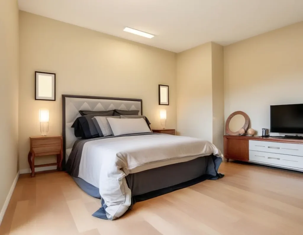 A contemporary bedroom with cream-colored walls, highlighting its spacious and bright feel with minimal decor