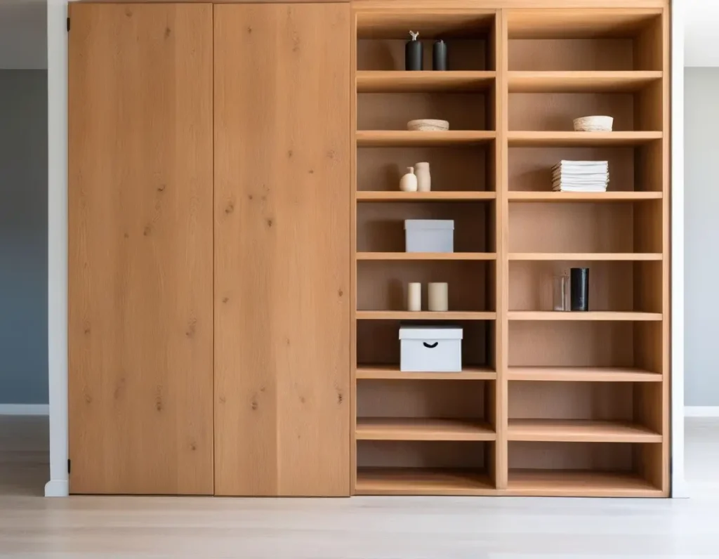 A multi-functional wooden partition with built-in shelves for decor and storage